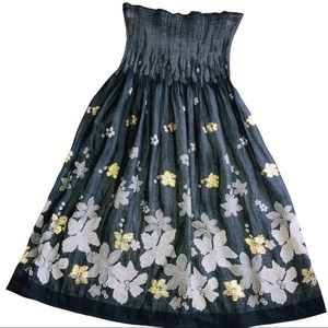 BLOOM GRAY GOLD FLORAL DESIGN STRAPLESS DRESS